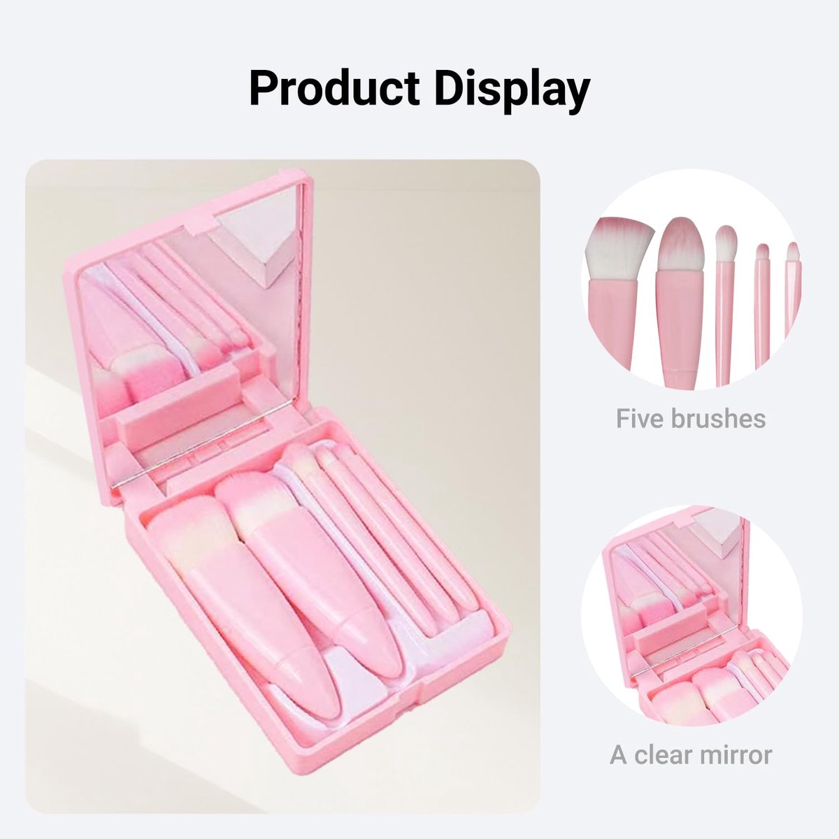 Makeup Brush Set - 5-Pack - Portable - Travel Makeup Brush Set with Mirror Case - Professional Foundation Brush, Eyeshadow Brush, and Blending Brush for Women - Barbie Pink - Image 5