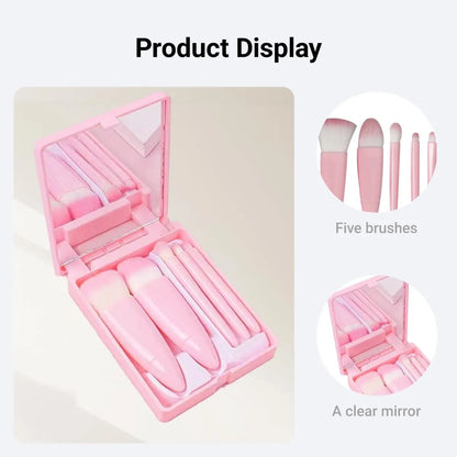 Makeup Brush Set - 5-Pack - Portable - Travel Makeup Brush Set with Mirror Case - Professional Foundation Brush, Eyeshadow Brush, and Blending Brush for Women - Barbie Pink - Image 5