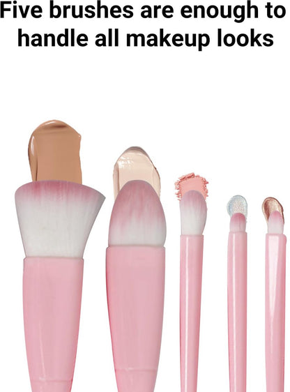 Makeup Brush Set - 5-Pack - Portable - Travel Makeup Brush Set with Mirror Case - Professional Foundation Brush, Eyeshadow Brush, and Blending Brush for Women - Barbie Pink - Image 6