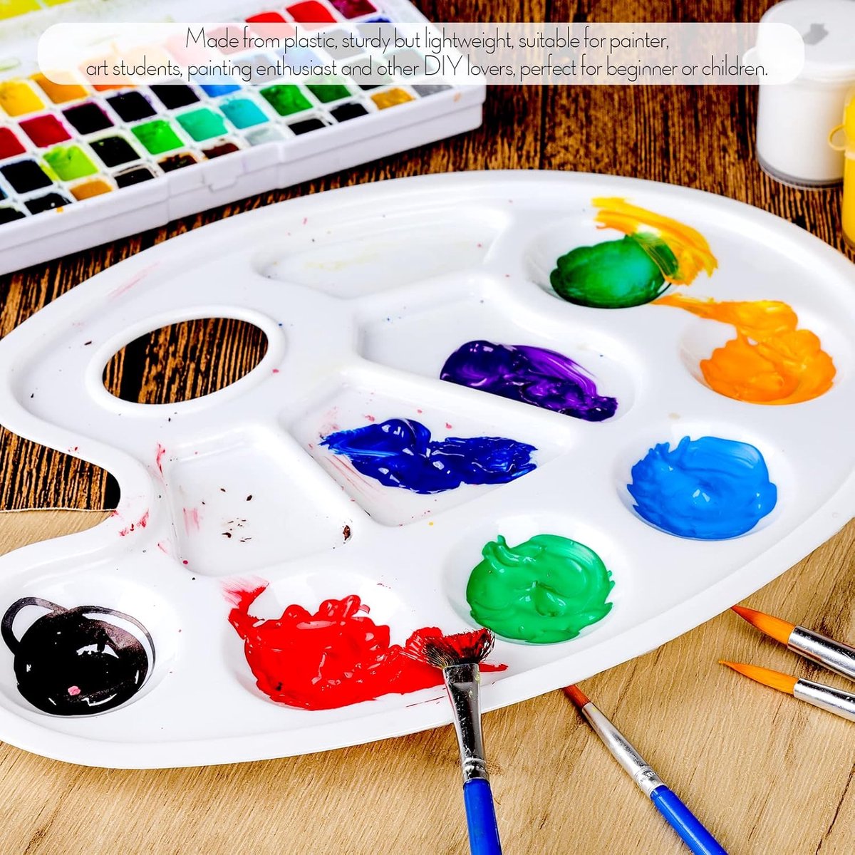 Two-piece oval paint palette - plastic paint tray - palette with thumb hole - suitable for adults and children - perfect for painting or DIY craft lessons - white - Image 2