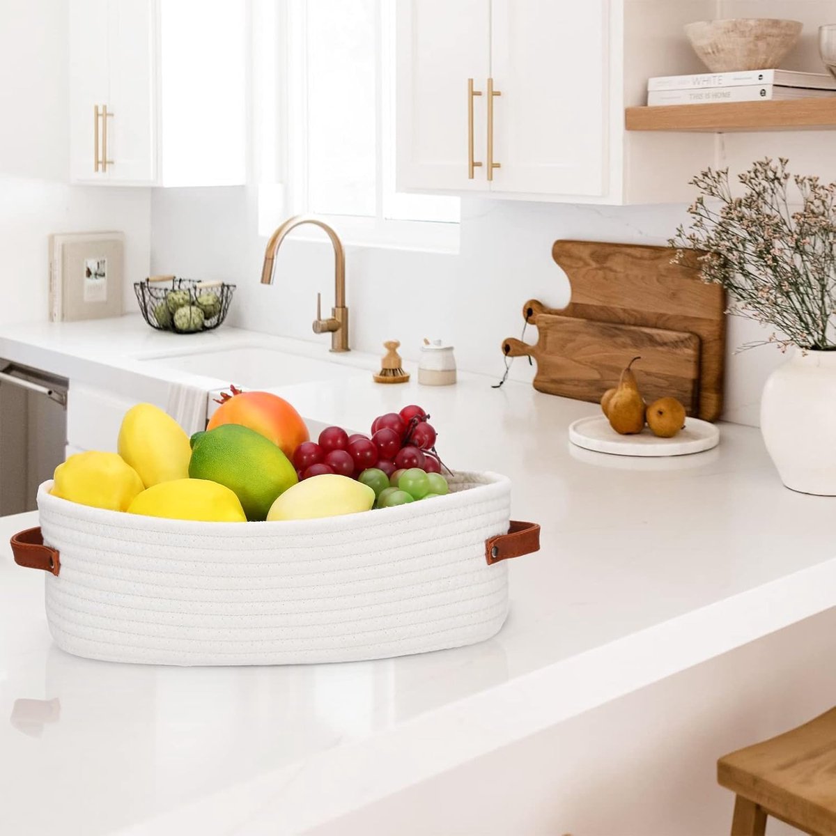 Storage Baskets - Bathroom Storage Baskets - Bathroom Countertop Storage Baskets - Bathroom Baskets Made of Braided Cotton Rope - Toilet Paper Baskets with Leather Handles - Suitable for Bathrooms, Bedrooms, and Living Rooms - Image 4