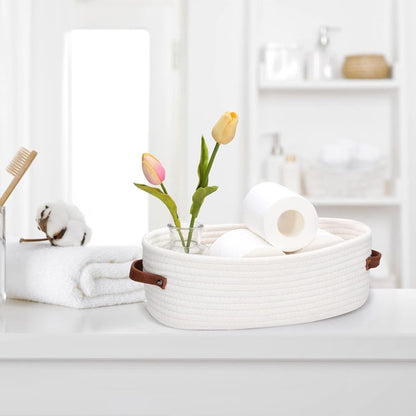 Storage Baskets - Bathroom Storage Baskets - Bathroom Countertop Storage Baskets - Bathroom Baskets Made of Braided Cotton Rope - Toilet Paper Baskets with Leather Handles - Suitable for Bathrooms, Bedrooms, and Living Rooms - Image 5