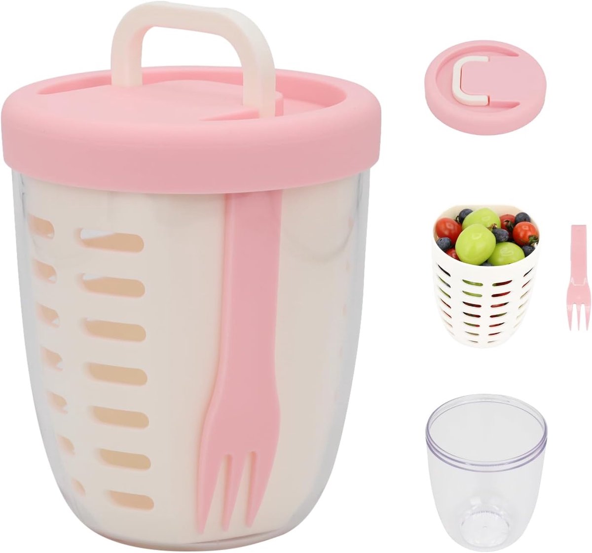 Fruit Bowl - Salad Bowl - Leakproof reusable food container with lid and draining basket - Suitable for work, school, and travel. - 650 ml (Pink)