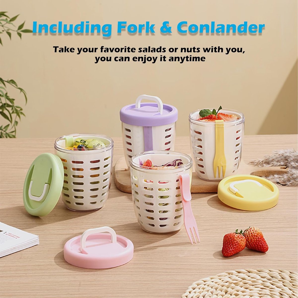 Fruit Bowl - Salad Bowl - Leakproof reusable food container with lid and draining basket - Suitable for work, school, and travel. - 650 ml (Pink) - Image 5