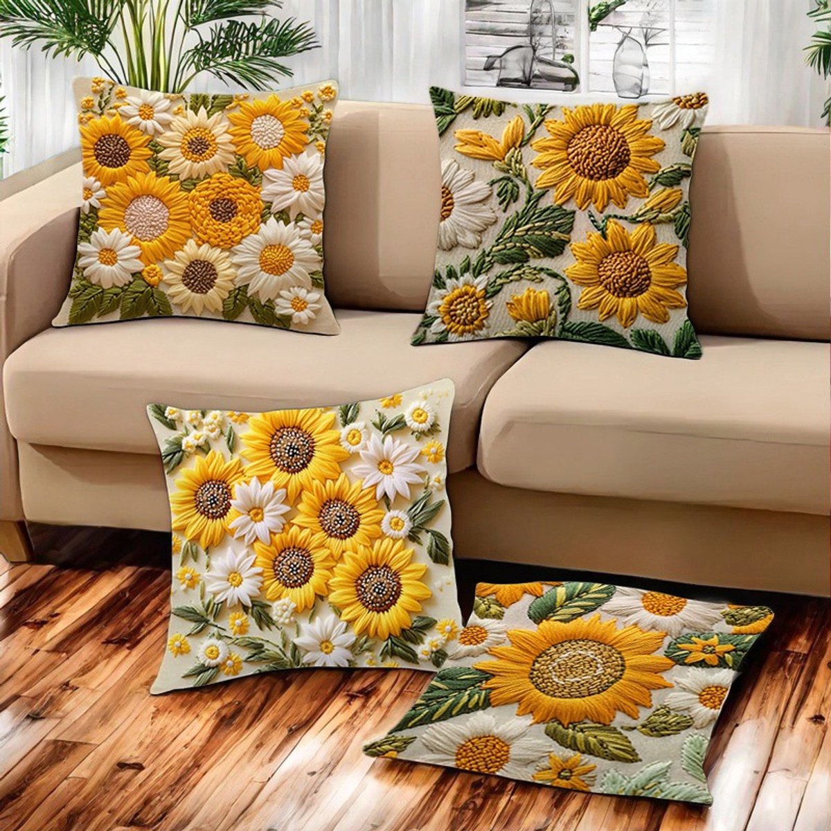 Pillowcase - 4 pieces - 45*45 cm - Flat pillowcase - Soft sunflower decoration - Modern pillowcases - Suitable for beds, sofas, living rooms and bedrooms. - Image 2