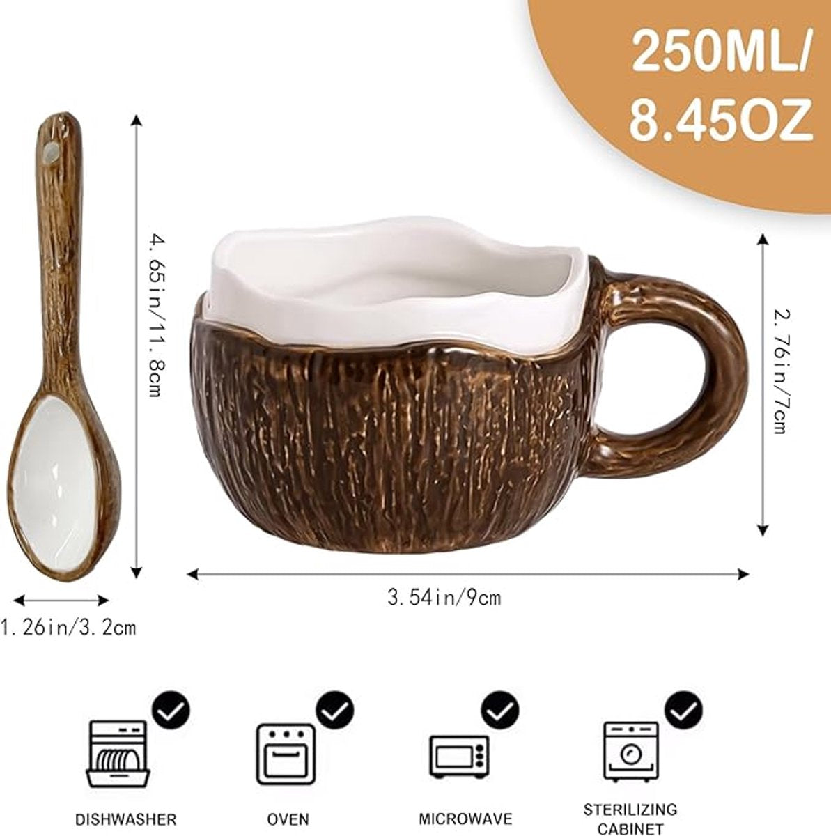 Drinking Cup - With spoon - Ceramic mug - Shape of coconut - Capacity 10oz - Suitable for tea, oatmeal, hot chocolate, etc. - Nice gift mug for home and office - Image 2