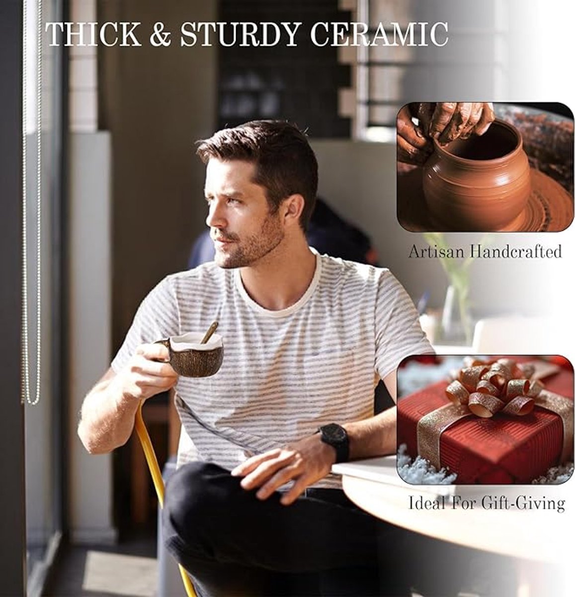 Drinking Cup - With spoon - Ceramic mug - Shape of coconut - Capacity 10oz - Suitable for tea, oatmeal, hot chocolate, etc. - Nice gift mug for home and office - Image 3