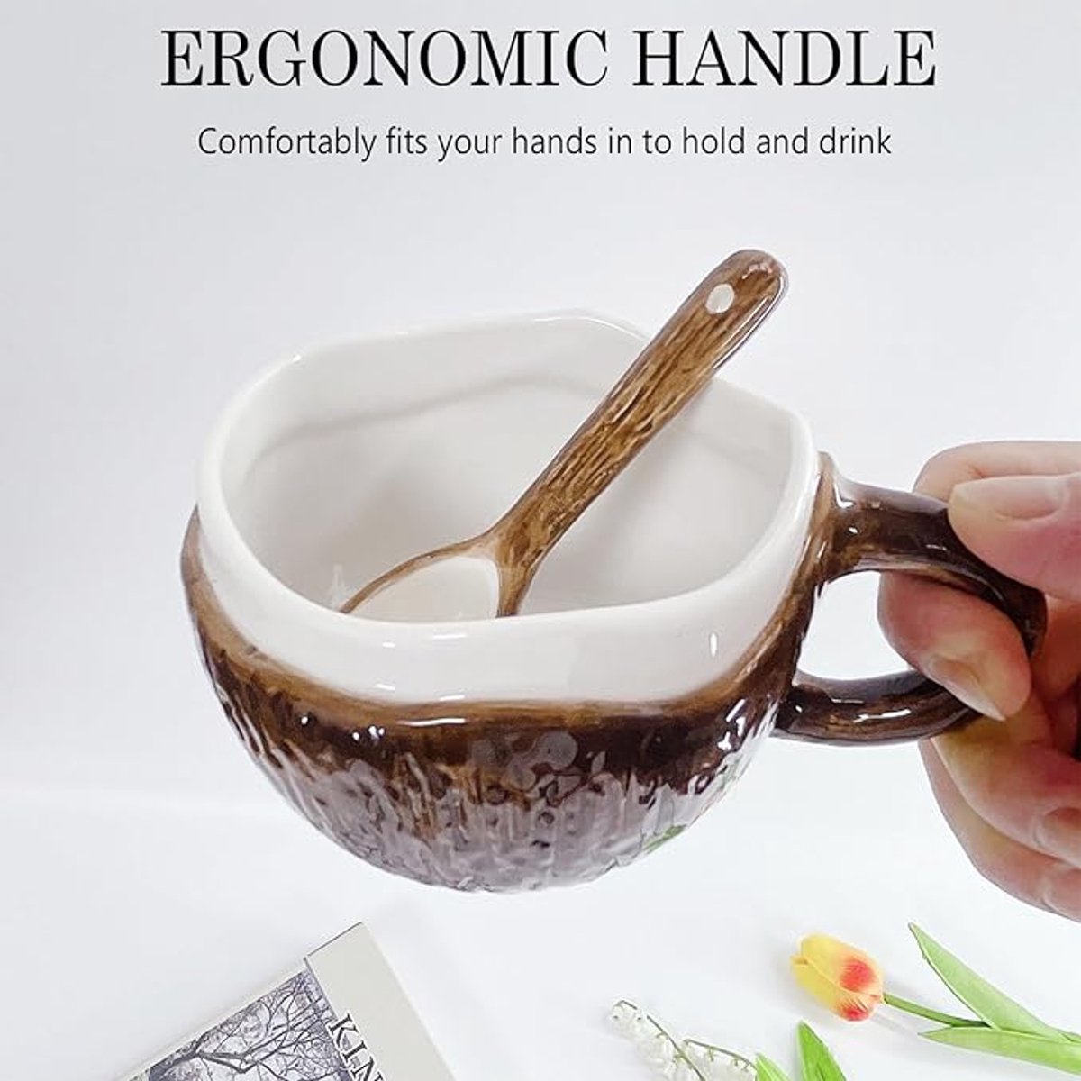 Drinking Cup - With spoon - Ceramic mug - Shape of coconut - Capacity 10oz - Suitable for tea, oatmeal, hot chocolate, etc. - Nice gift mug for home and office - Image 4