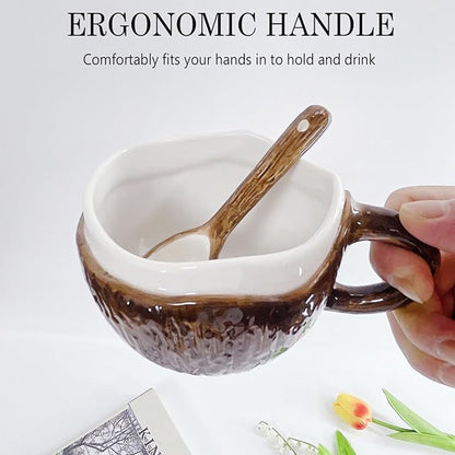 Drinking Cup - With spoon - Ceramic mug - Shape of coconut - Capacity 10oz - Suitable for tea, oatmeal, hot chocolate, etc. - Nice gift mug for home and office - Image 4
