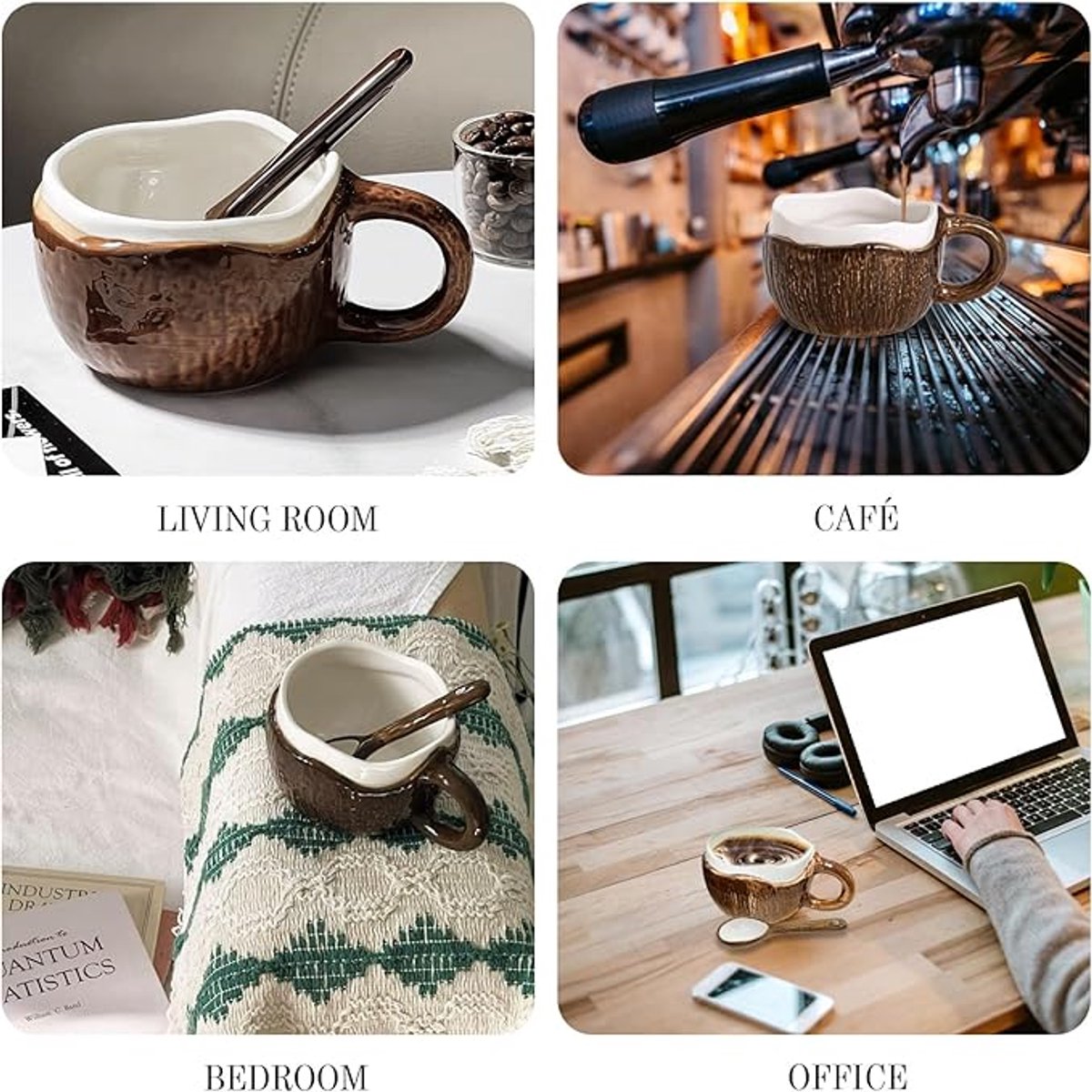 Drinking Cup - With spoon - Ceramic mug - Shape of coconut - Capacity 10oz - Suitable for tea, oatmeal, hot chocolate, etc. - Nice gift mug for home and office - Image 5