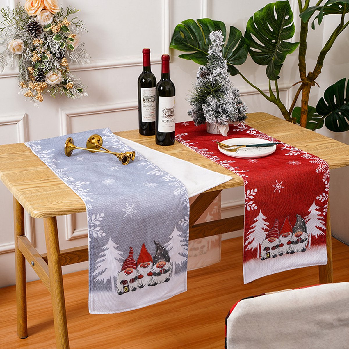 Tablecloth - Two-pack - Christmas tablecloth - Snowflake table runner - textile table runners (Gray + Red) - Image 3