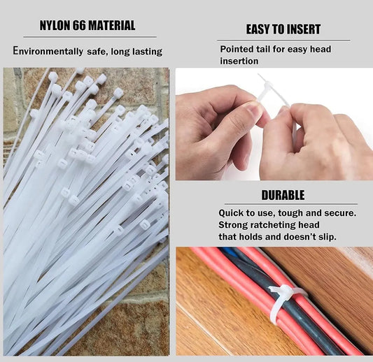 Nylon Cable Ties - Pack of 100 - 300mm x 4.8mm - Large White Nylon Cable Ties - Extra Strong - Tensile Strength 23kg - Self-Locking Plastic Cable Ties - Suitable for Home, Garden and Office Use. - Image 4
