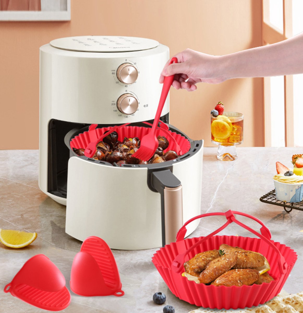 Accessories for the air fryer - baking tray, oven mitts, brush, tongs - suitable for kitchen, cooking, baking and grilling - five-piece set - Image 2