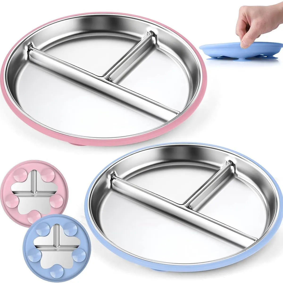 Children's Plate - Stainless Steel - Suction Cup - Shatterproof - Food Safe - 20 cm - Blue/Pink - Image 2