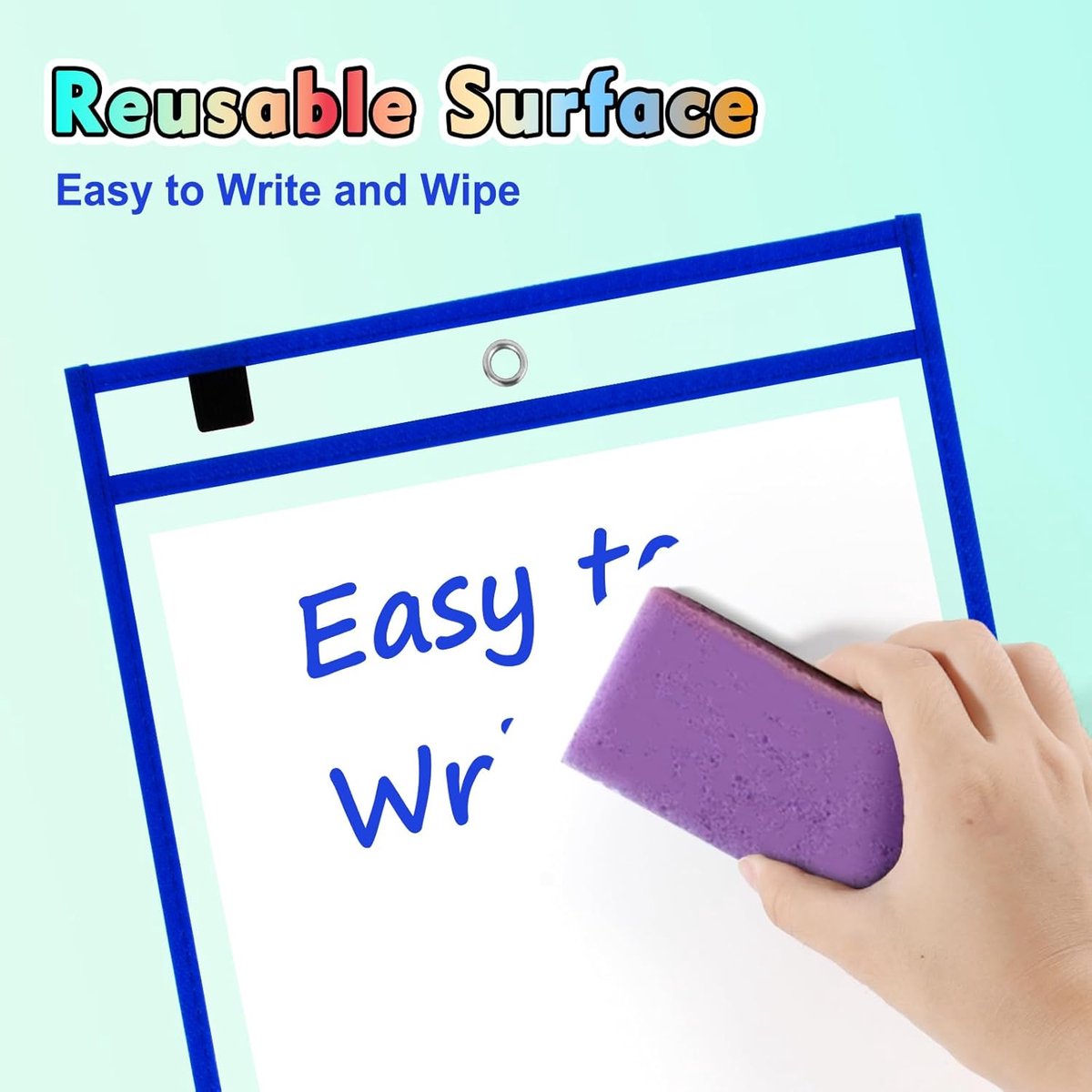 Erasable and Writable Folders - Pack of 20 | Includes 20 water-based whiteboard markers and 2 erasers - Transparent plastic folders/protective covers - Drawing and tracing bags for young children - Erasable and writable - Random colors - Image 3
