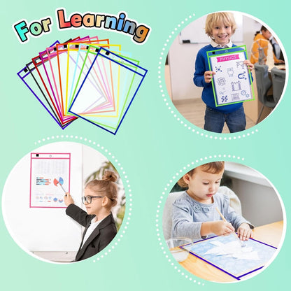 Erasable and Writable Folders - Pack of 20 | Includes 20 water-based whiteboard markers and 2 erasers - Transparent plastic folders/protective covers - Drawing and tracing bags for young children - Erasable and writable - Random colors - Image 5