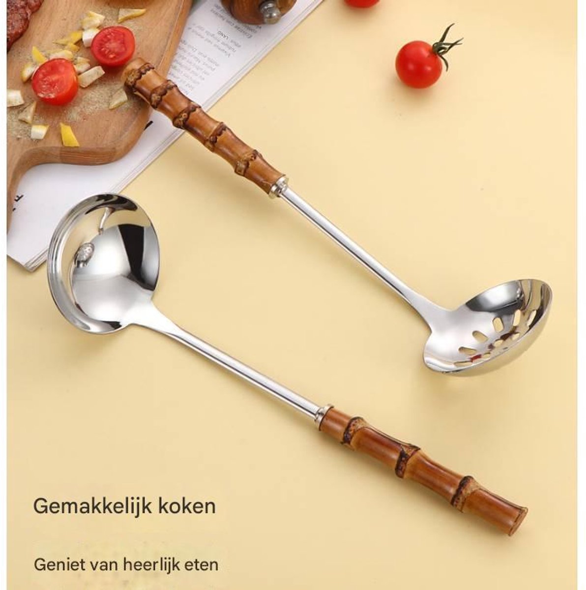 Spoons - 2-Piece Set - Stainless Steel Soup Spoon with Bamboo Handle - Long Handle Soup Spoon - Soup Spoon - Strainer - Strainer Set - Durable and Comfortable Kitchen Utensils - Image 4
