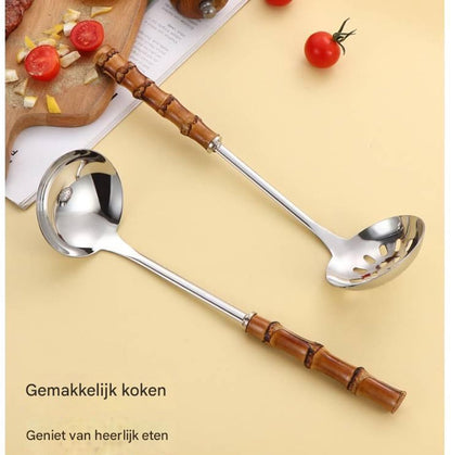 Spoons - 2-Piece Set - Stainless Steel Soup Spoon with Bamboo Handle - Long Handle Soup Spoon - Soup Spoon - Strainer - Strainer Set - Durable and Comfortable Kitchen Utensils - Image 4