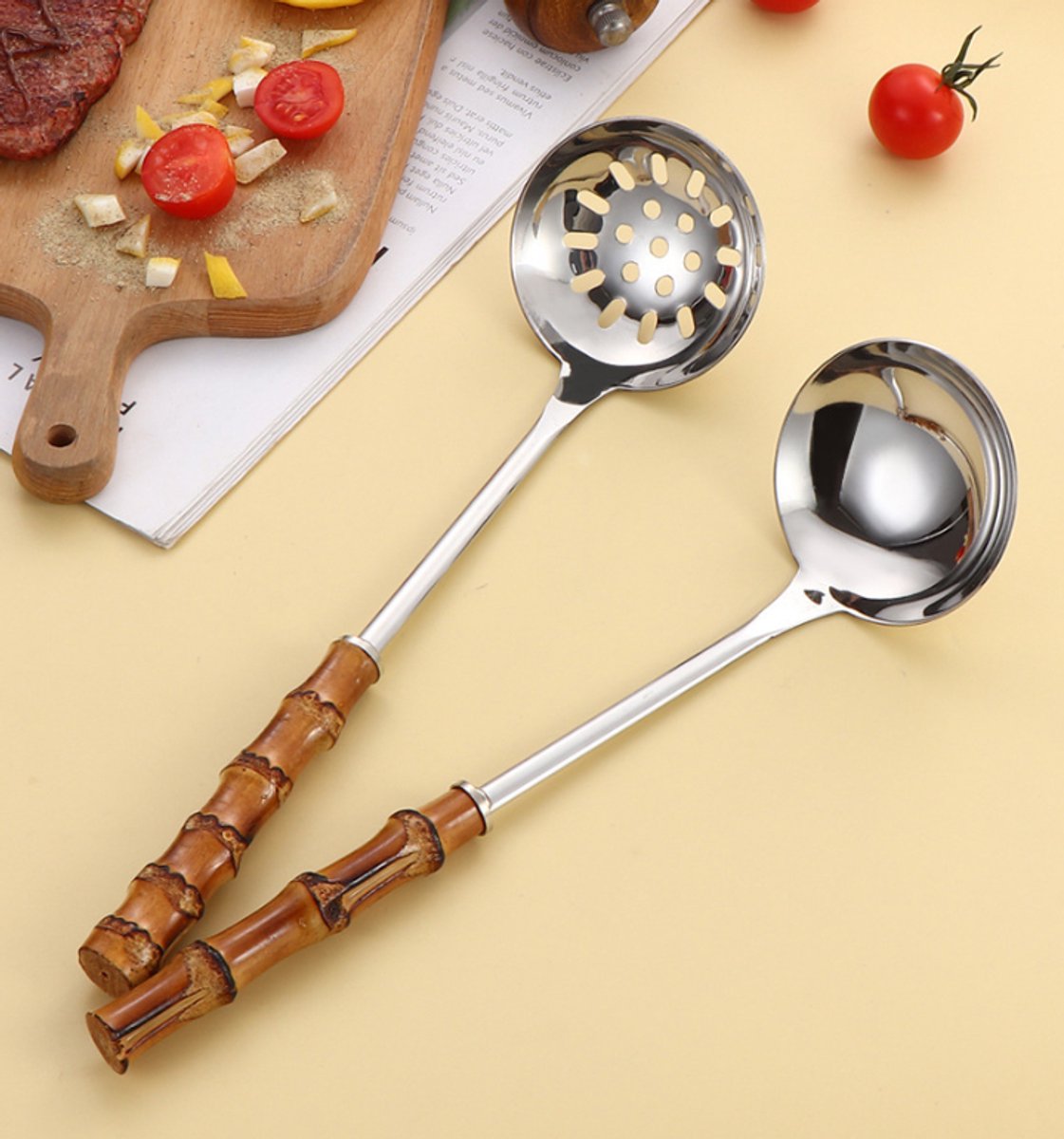 Spoons - 2-Piece Set - Stainless Steel Soup Spoon with Bamboo Handle - Long Handle Soup Spoon - Soup Spoon - Strainer - Strainer Set - Durable and Comfortable Kitchen Utensils - Image 5