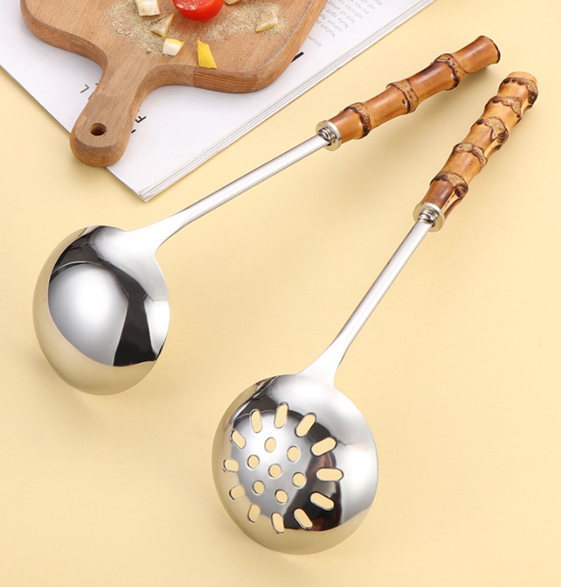 Spoons - 2-Piece Set - Stainless Steel Soup Spoon with Bamboo Handle - Long Handle Soup Spoon - Soup Spoon - Strainer - Strainer Set - Durable and Comfortable Kitchen Utensils - Image 6