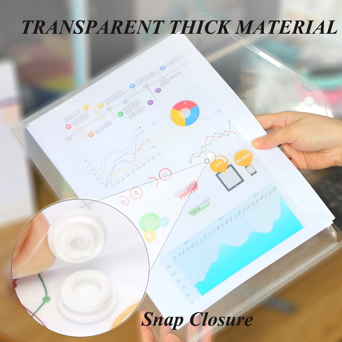 Waterproof folder - Plastic envelope - 12-pack - Transparent A4 letterhead size - with snap closure - Suitable for schools and offices. - Image 4