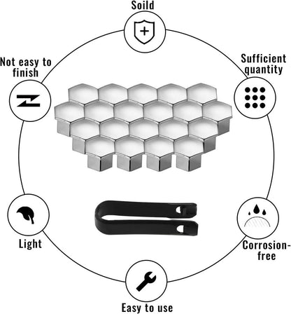 Universal wheel bolt covers (20 pieces) - 17 mm wheel bolt cover - wheel bolt cover - hexagon nut protector - with puller - suitable for all car brands (silver) - Image 3