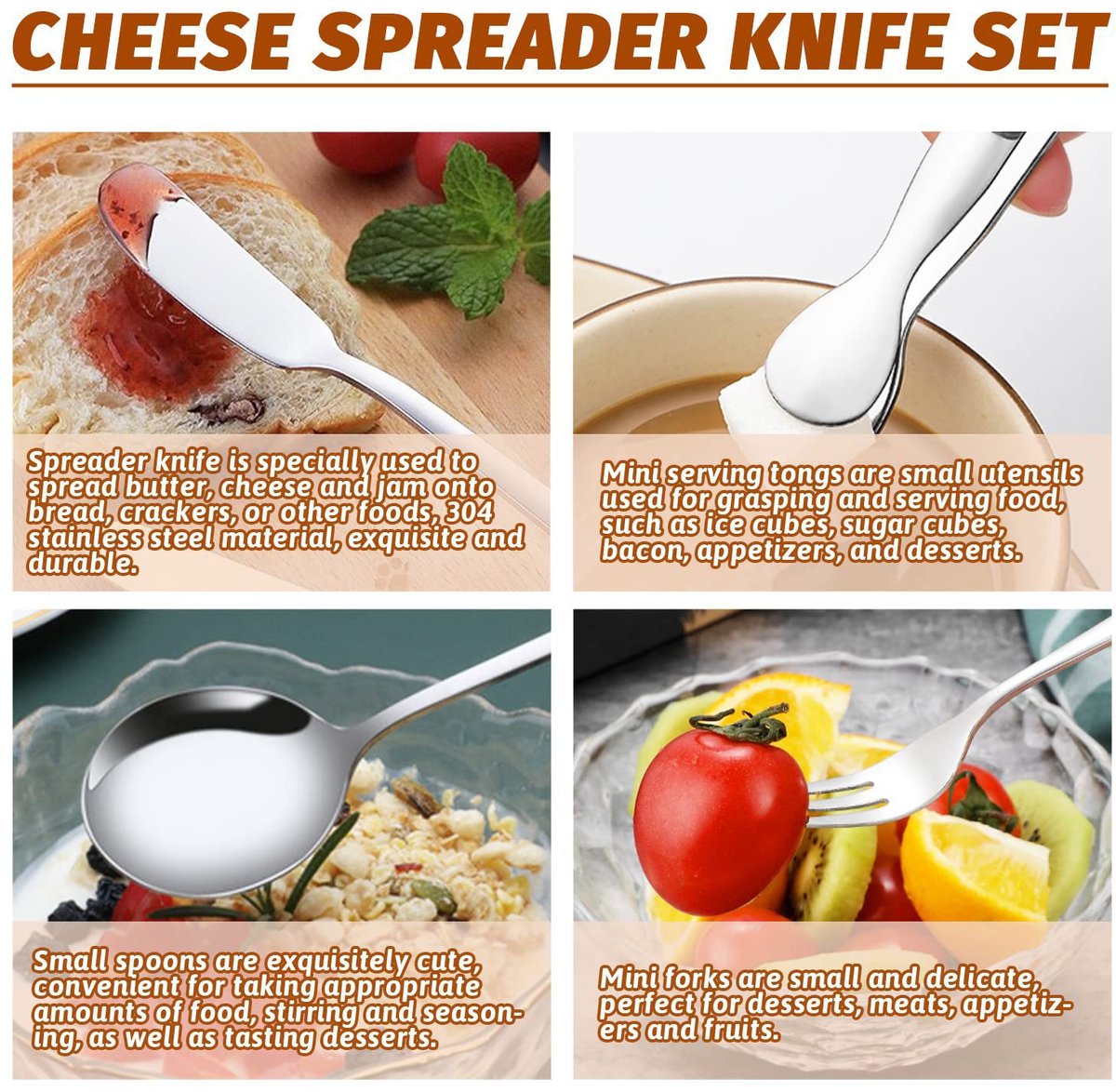 cutlery set - 14-piece set - cheese knife | pastry forks| oval coffee spoons | kitchen tongs & serving tongs - Image 3