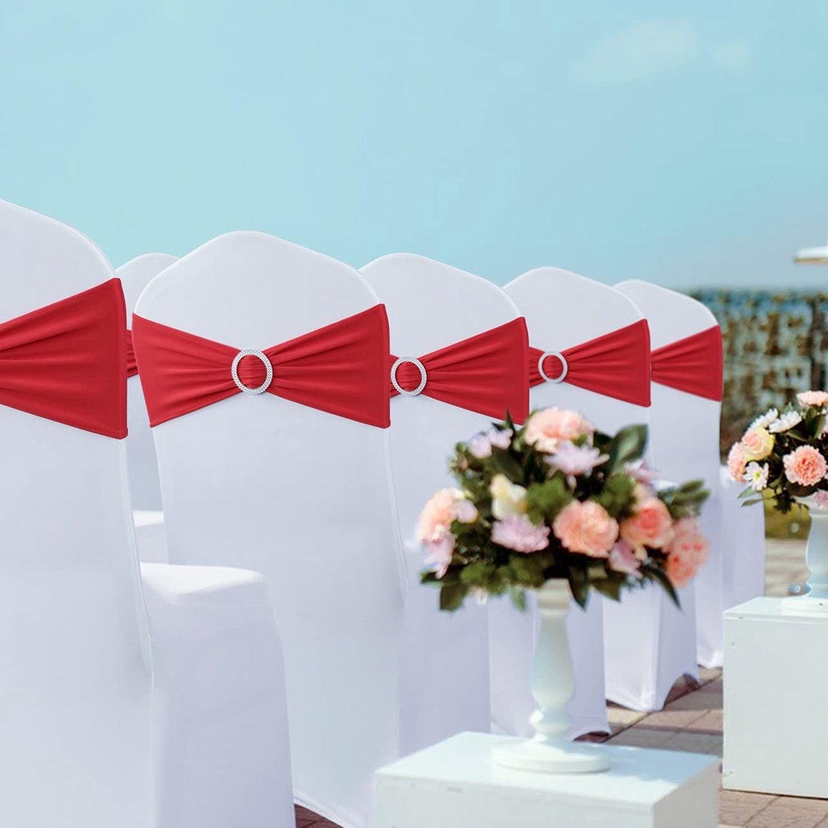 Chair Covers - Pack of 5 - Christmas Chair Covers - Party Chair Covers - Premium Elastic Chair Cover Straps - Buckle Slider - Universal Elastic Chair Straps - Wedding - Ceremony - Banquet Decoration - Red - Image 7