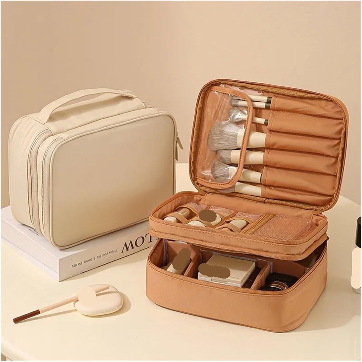 Makeup Bag - Cosmetic Storage Bag - Travel Bag - Large Capacity Makeup Bag - Women's Toiletry Bag - Portable Makeup Bag with Brush Holder and Compartments (Double-Layered Beige) - Image 3
