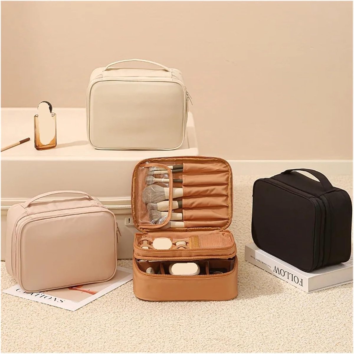 Makeup Bag - Cosmetic Storage Bag - Travel Bag - Large Capacity Makeup Bag - Women's Toiletry Bag - Portable Makeup Bag with Brush Holder and Compartments (Double-Layered Beige) - Image 4