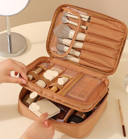 Makeup Bag - Cosmetic Storage Bag - Travel Bag - Large Capacity Makeup Bag - Women's Toiletry Bag - Portable Makeup Bag with Brush Holder and Compartments (Double-Layered Beige) - Image 5
