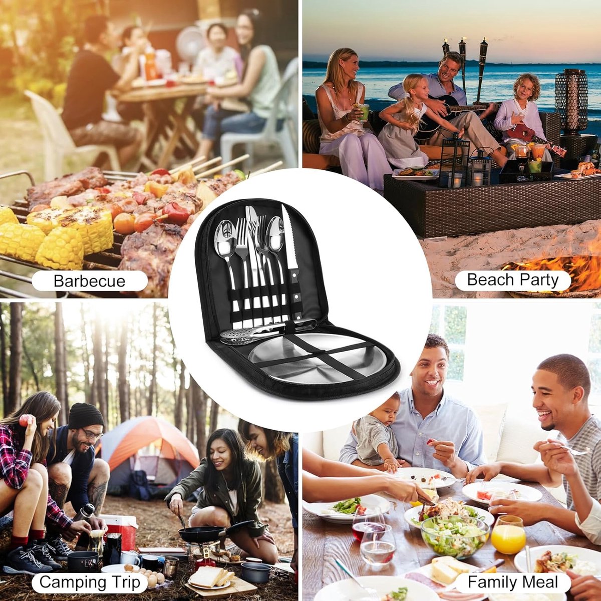 2 Person Cutlery Set (10-piece) - Camping Set for 2 People - Spoons, Knives, Forks, Steak Knives - 10 Pieces Stainless Steel Cutlery - Including Carrying Bag - For Picnic & Travel - Silver - Image 4