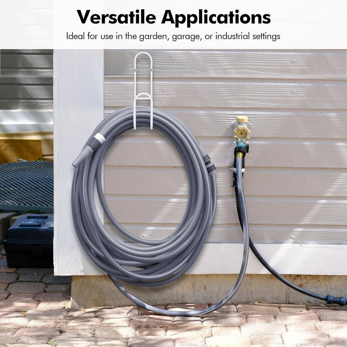 Garden Hose Hanging System - Wall Mount for Neat Storage - Stainless Steel Frame - White - Image 2