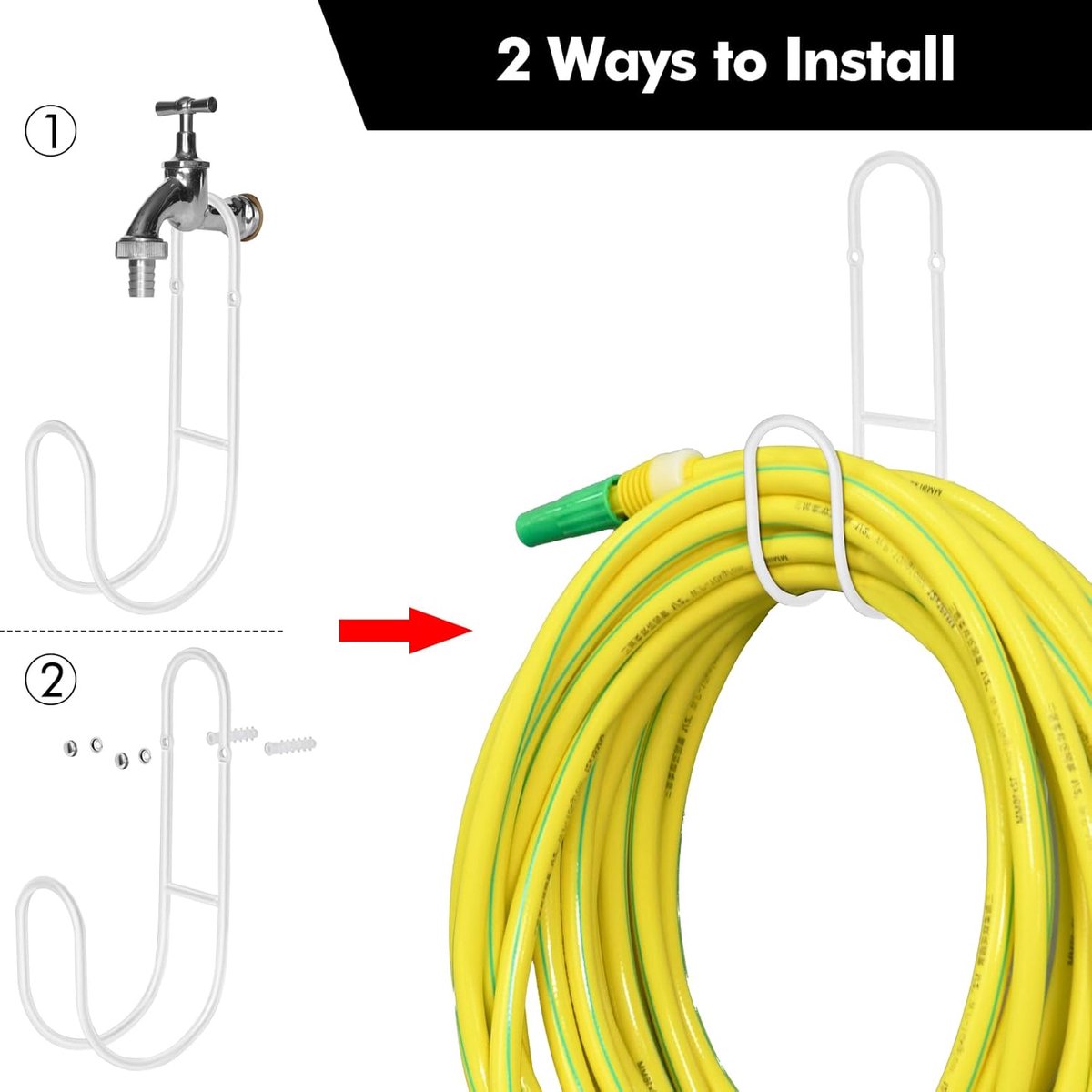Garden Hose Hanging System - Wall Mount for Neat Storage - Stainless Steel Frame - White - Image 5