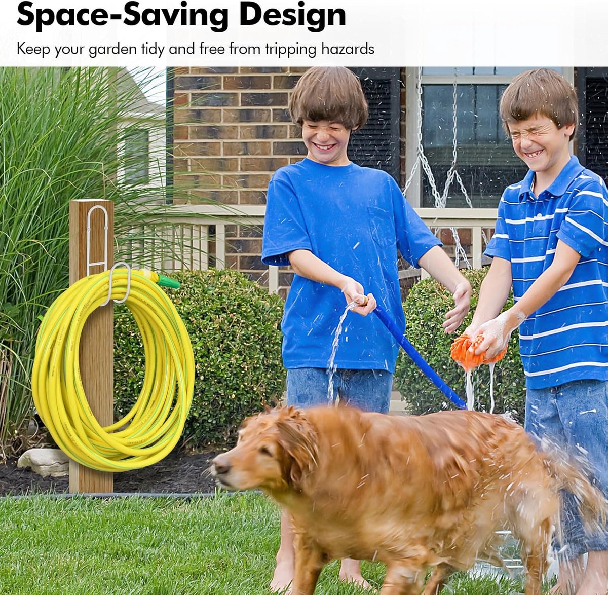 Garden Hose Hanging System - Wall Mount for Neat Storage - Stainless Steel Frame - White - Image 7