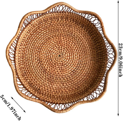 1pc Rattan Fruit Basket, Hand Woven Bread Basket, Tabletop Round Wicker Food Serving Storage Bowl, Natural Woven Decorative Baskets for Home Kitchen Counter Organizing - Image 2