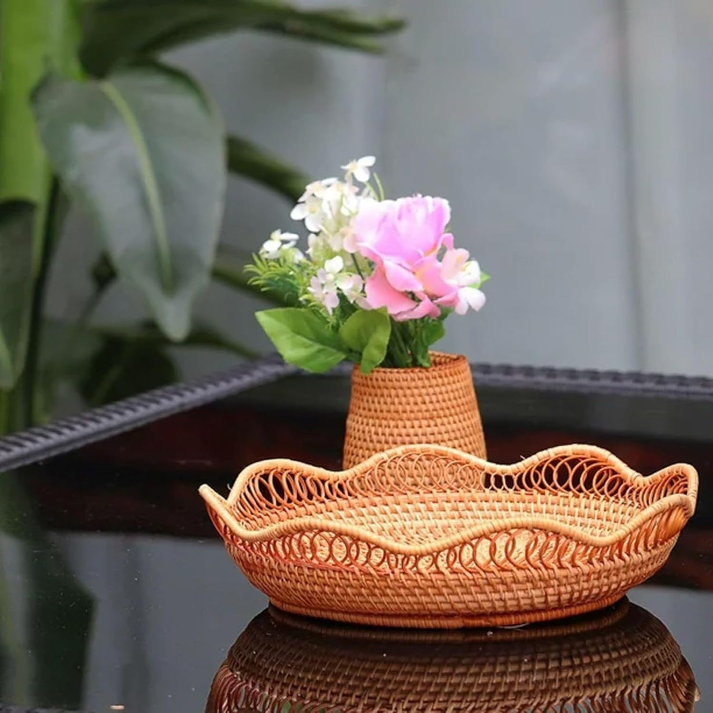 1pc Rattan Fruit Basket, Hand Woven Bread Basket, Tabletop Round Wicker Food Serving Storage Bowl, Natural Woven Decorative Baskets for Home Kitchen Counter Organizing - Image 5