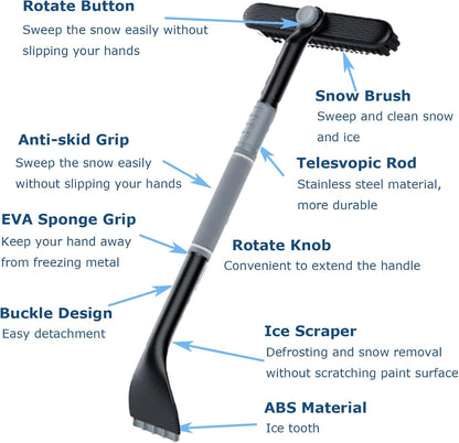 3-in-1 Snow Brush and Ice Scraper for Car Windows - Extendable Snow Remover - 360° Rotating Snow Brush and Ice Scraper with Long Handle (Gray) - Image 4