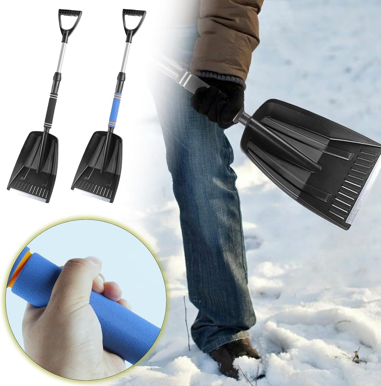 Folding Snow Shovel - Large Capacity | Lightweight & Portable - Wide Snow Clearing Range with Ergonomic D-Shaped Handle and Aluminum Blade - Snow Shovel for Outdoors, Cars, Gardens, Camping, Driveways（Black） - Image 6
