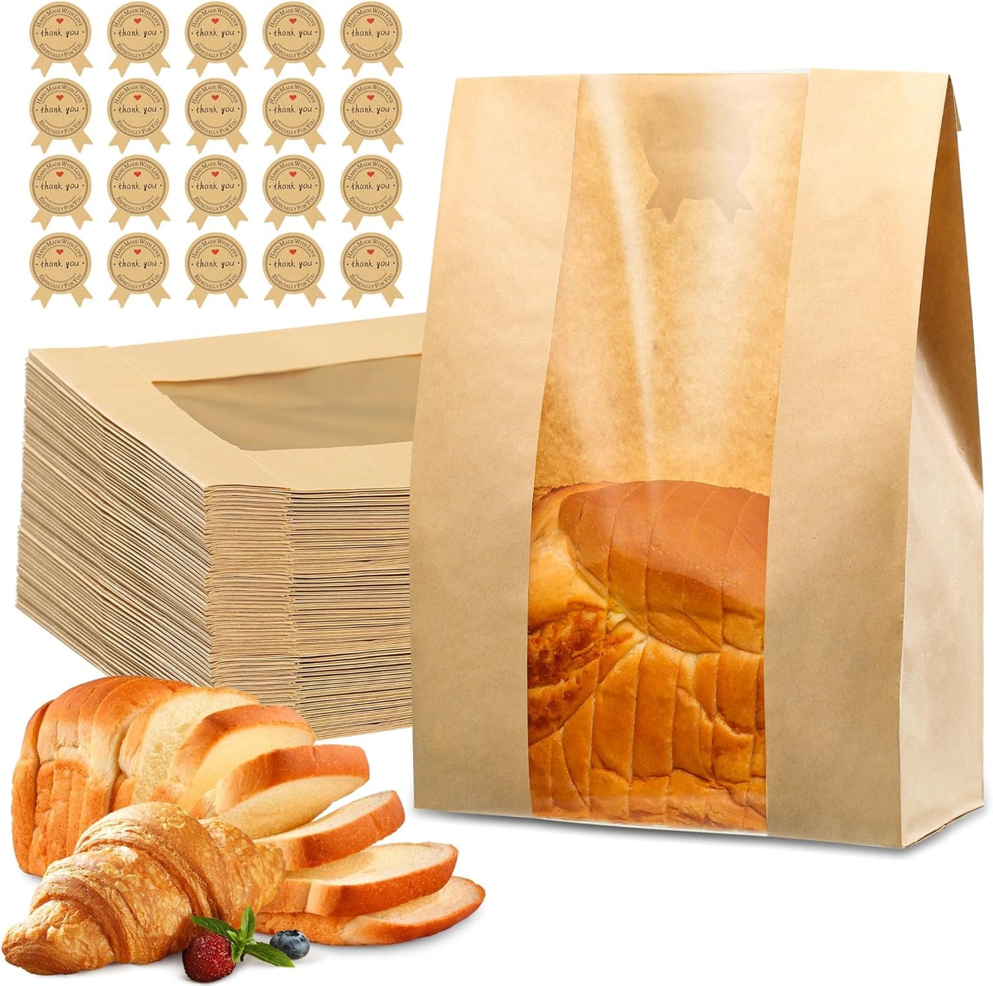 50 Pcs Bread Bag - Kraft paper with transparent window - 35*21*9 cm | Large baking bag - Suitable for storing bread, cookies, and snacks - Includes resealable tape