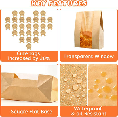 50 Pcs Bread Bag - Kraft paper with transparent window - 35*21*9 cm | Large baking bag - Suitable for storing bread, cookies, and snacks - Includes resealable tape - Image 2