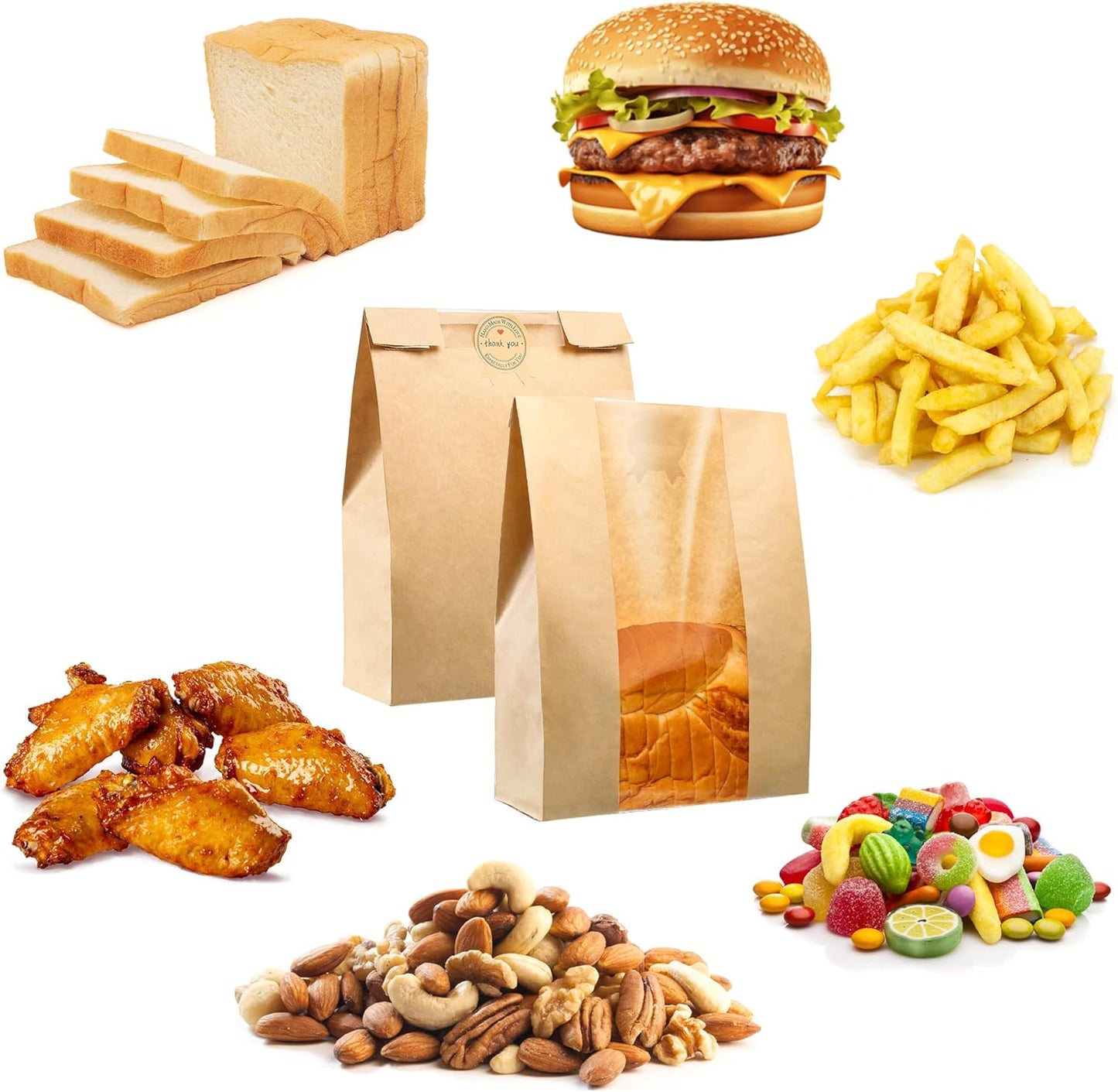 50 Pcs Bread Bag - Kraft paper with transparent window - 35*21*9 cm | Large baking bag - Suitable for storing bread, cookies, and snacks - Includes resealable tape - Image 4