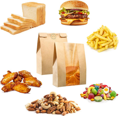 50 Pcs Bread Bag - Kraft paper with transparent window - 35*21*9 cm | Large baking bag - Suitable for storing bread, cookies, and snacks - Includes resealable tape - Image 4