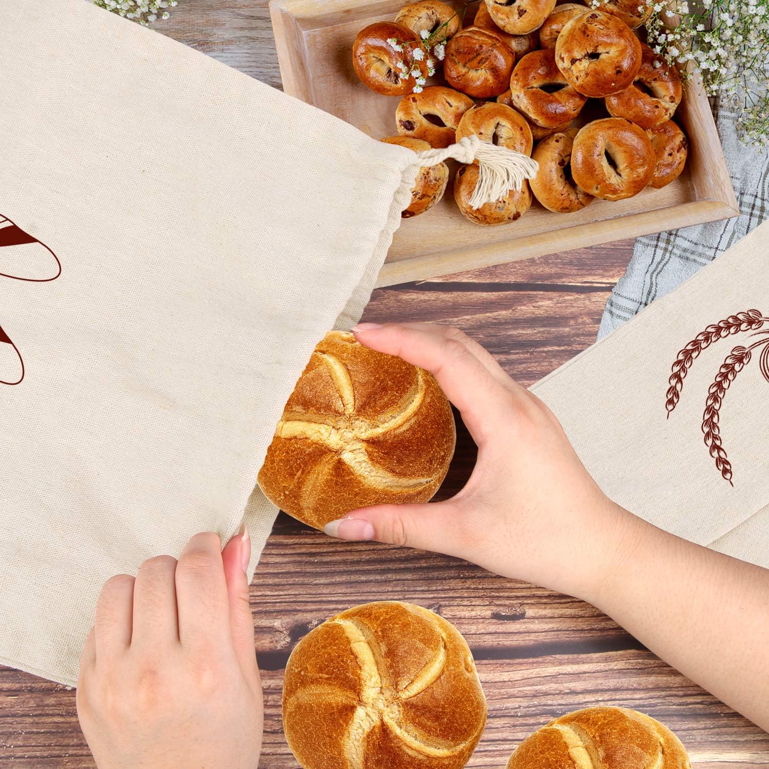 Bread Bag | Pack of 4 - Reusable Bread Bags - Drawstring Bread Bags - Storage Bags - Washable Fabric Bread Bags - Breathable Cotton - For Homemade Bread, Baguettes, and Other Pastries (Coffee Brown) - Image 3