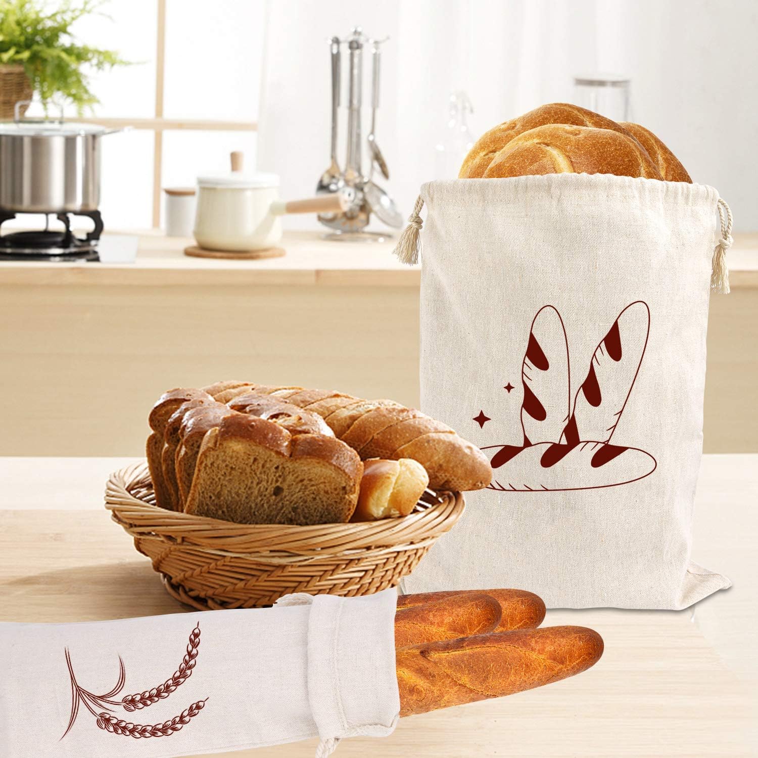 Bread Bag | Pack of 4 - Reusable Bread Bags - Drawstring Bread Bags - Storage Bags - Washable Fabric Bread Bags - Breathable Cotton - For Homemade Bread, Baguettes, and Other Pastries (Coffee Brown) - Image 4