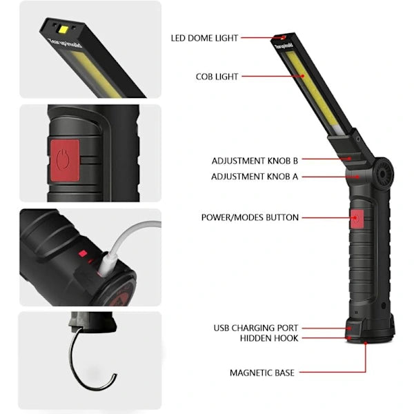 Rechargeable LED Work Light 2 Pack Magnetic COB USB Torch 5 Modes 360° Camping Lamp for Workshop Garage Emergency Auto Inspection Lighting{YG} - Image 3