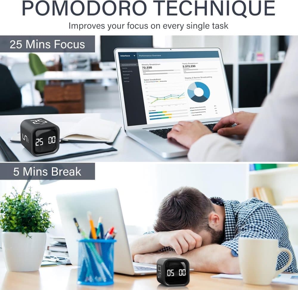 Pomodoro Timer 25/5/10 Min Desk Timer Vibration Volume Adjustable Productivity Clock - Image 3