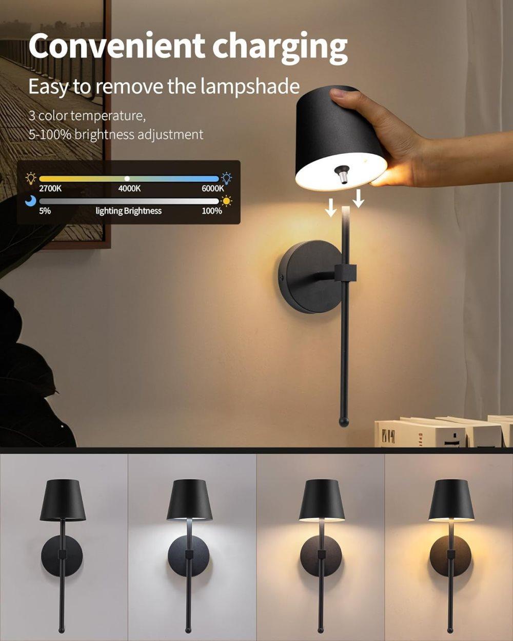 Wireless Wall Lamps 2-pack, LED Lamps with Rechargeable Battery, Stepless Dimmable with Remote Control - Image 4