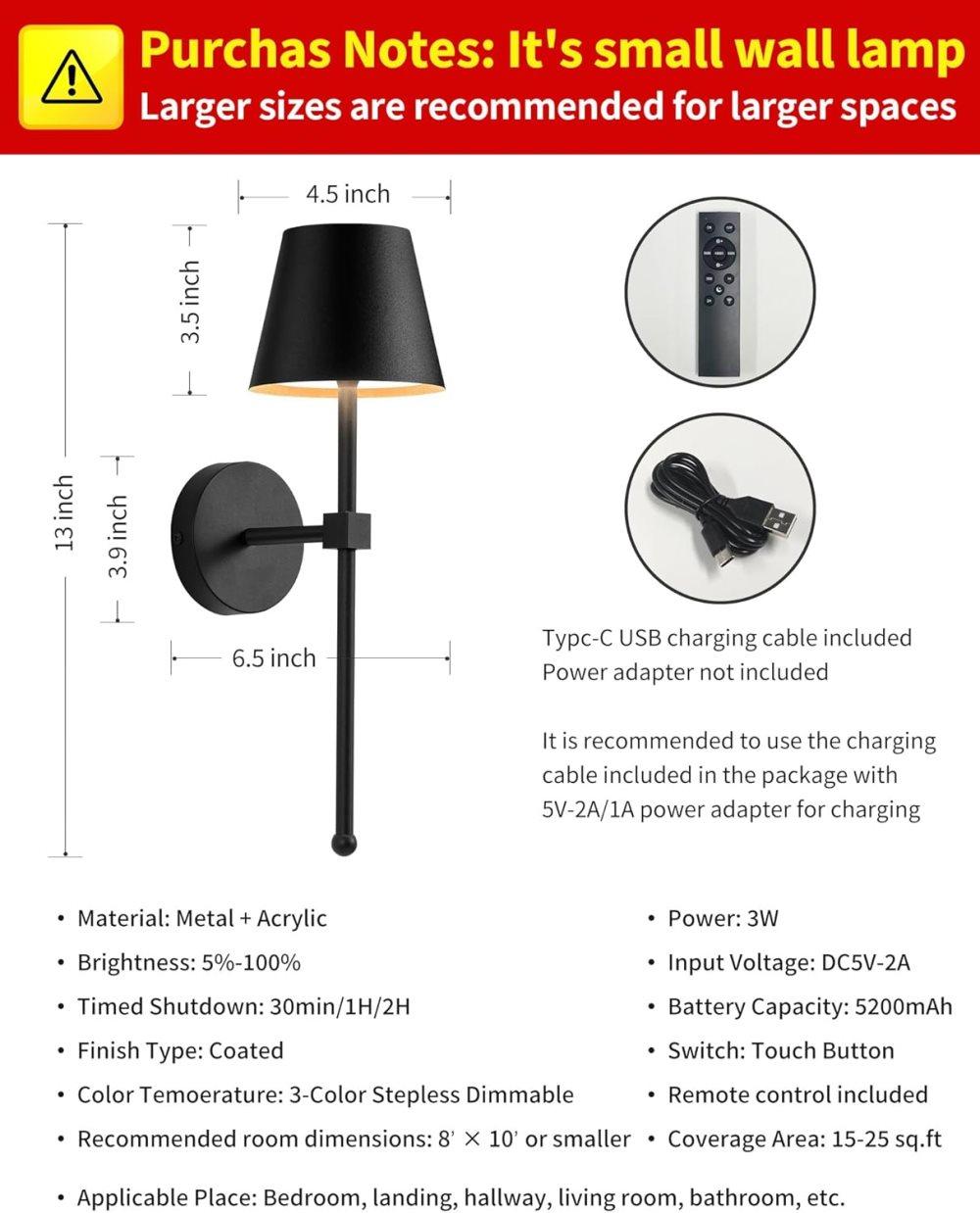 Wireless Wall Lamps 2-pack, LED Lamps with Rechargeable Battery, Stepless Dimmable with Remote Control - Image 5