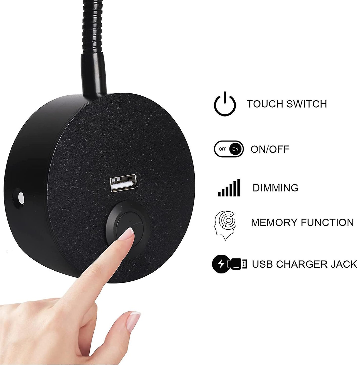 Dimmable Bedside Lamp, Minimalist LED Bedside Reading Lamp, Headboard Wall Mounted with USB Charger (Matte Black) - Image 3